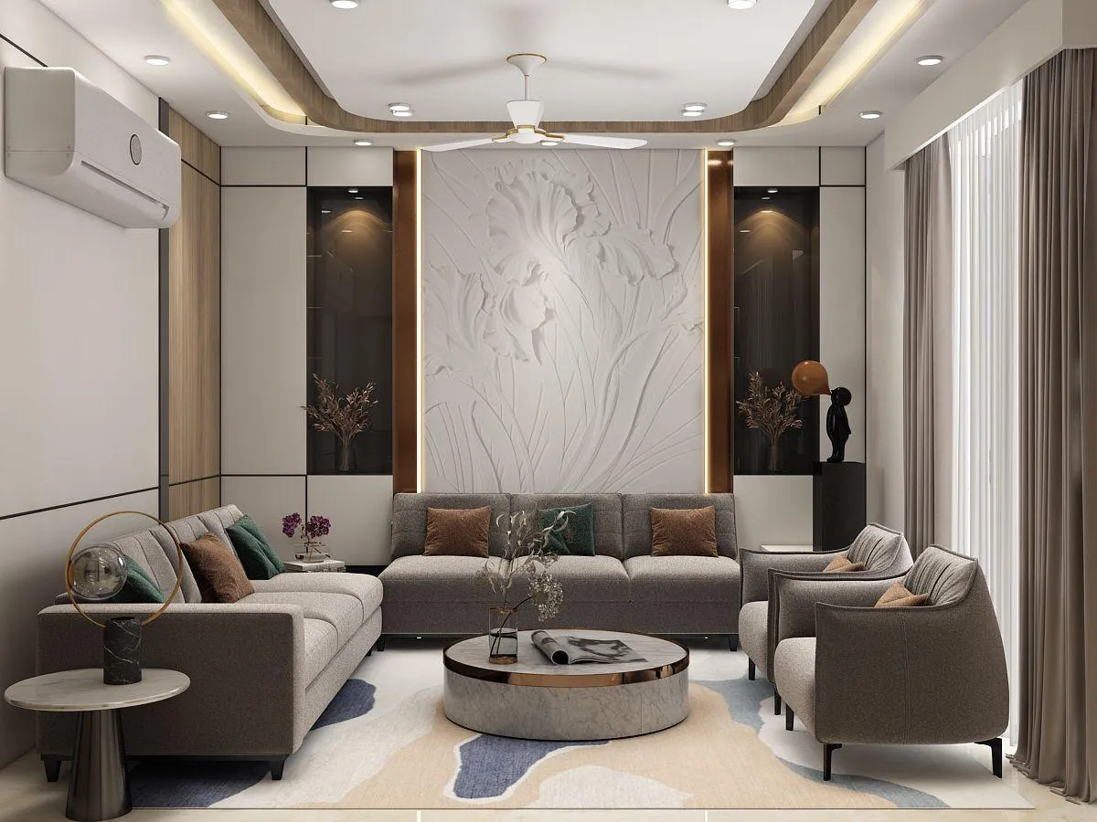 Render of a formal living room built around a carved white floral relief panel edged with rose-gold profile light
