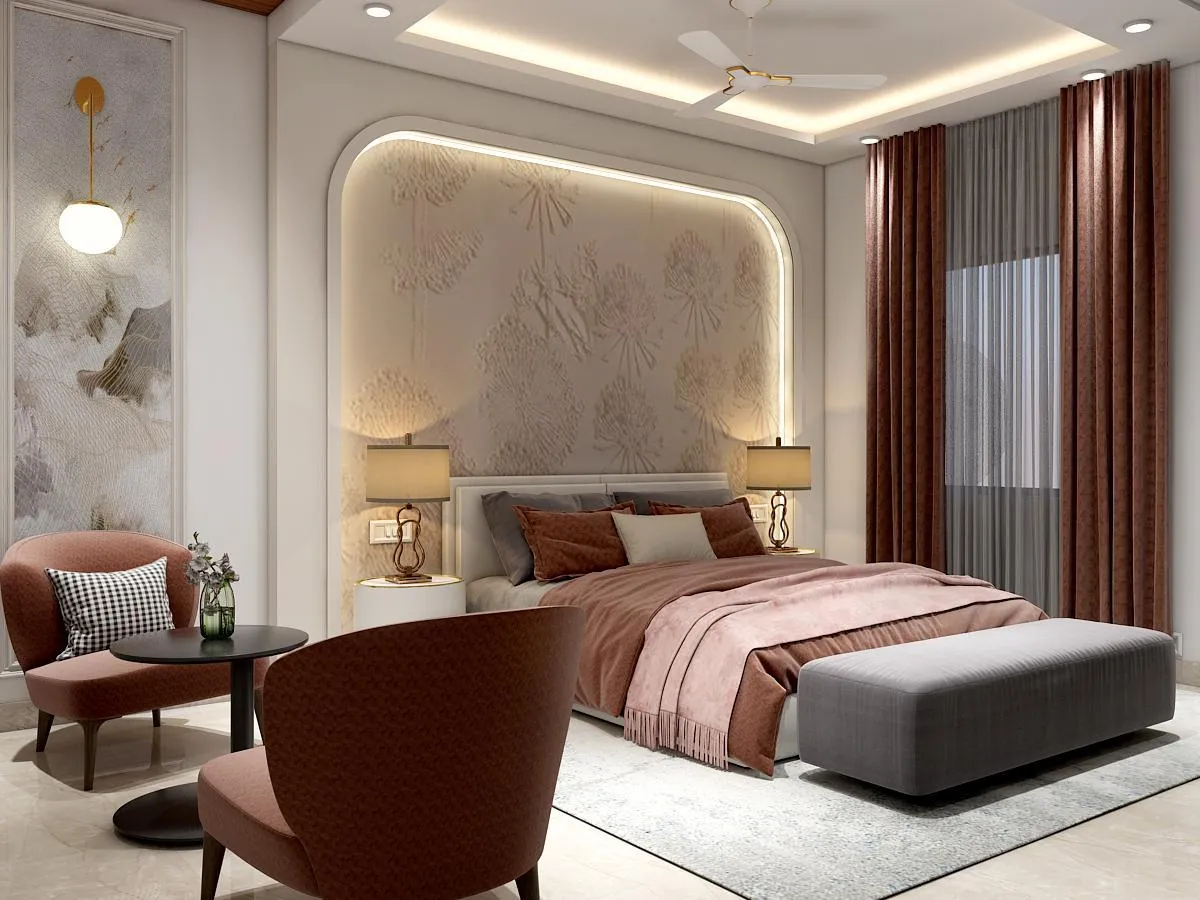 Render of a spacious bedroom where a sculpted cream dandelion-relief panel sits inside a backlit arched niche behind the bed