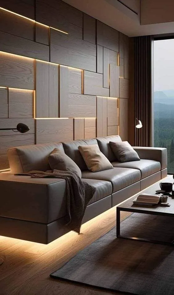 Render of a living room where a grey leather sofa floats on a lit plinth against staggered oak block panelling threaded with LED reveals