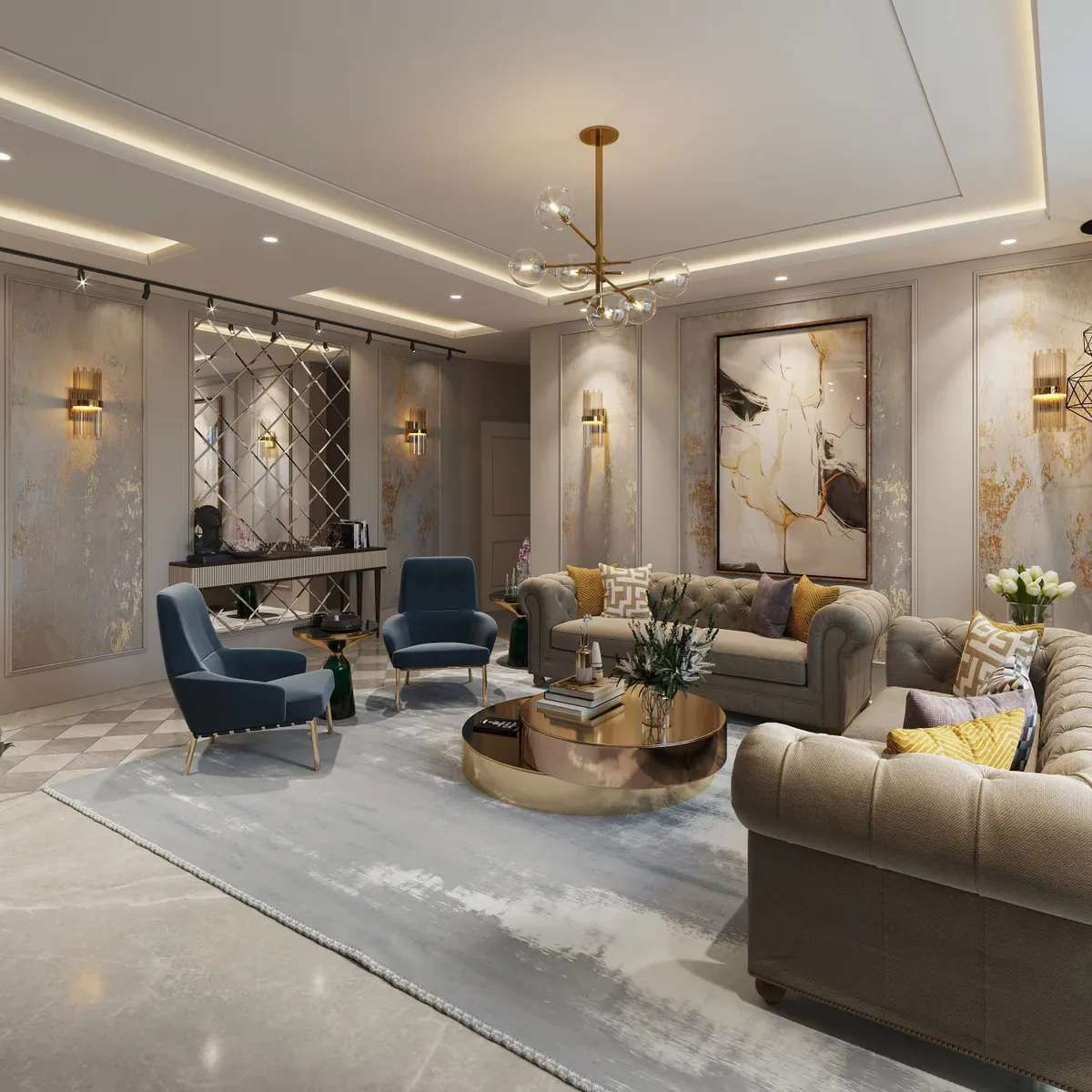 Render of a formal living room with two beige chesterfield sofas around a round polished-gold drum coffee table, petrol-blue armchairs on brass legs