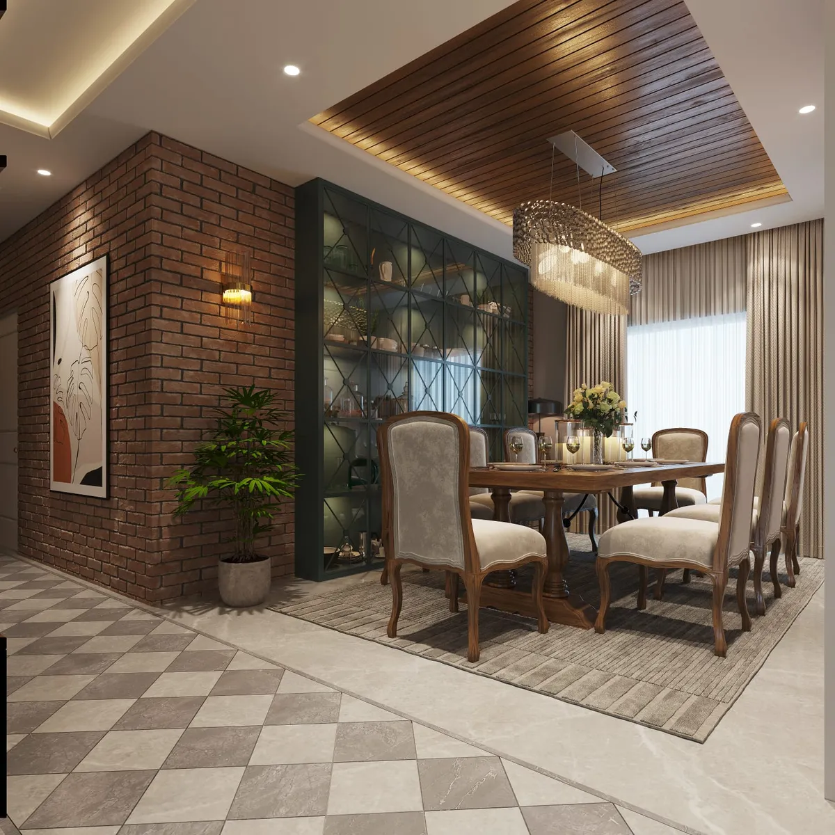 Render of a dining room where an exposed-brick corner wall meets a bottle-green diamond-lattice glass crockery unit