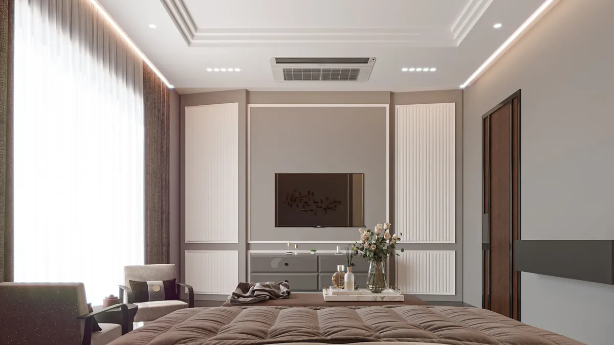 Render of a taupe-grey master bedroom with a fluted-panel TV feature wall flanked by wardrobes, a cove-lit tiered ceiling with cassette AC