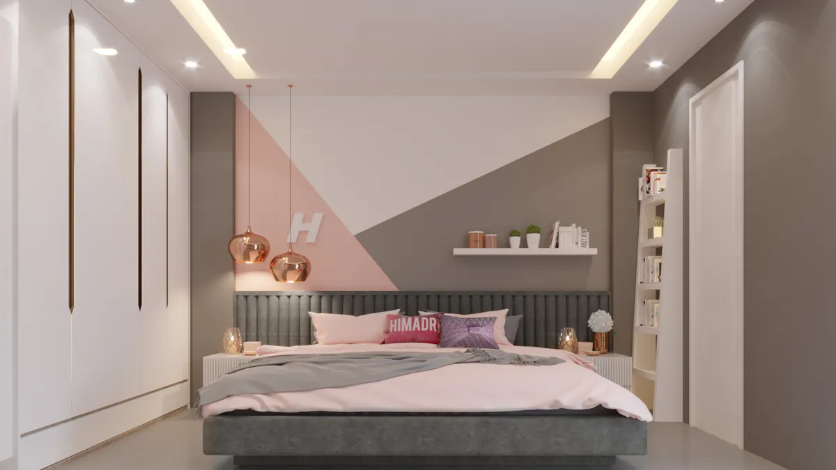 Render of a bedroom with a blush-and-grey diagonal colour-blocked wall, a channel-tufted headboard running the full wall width