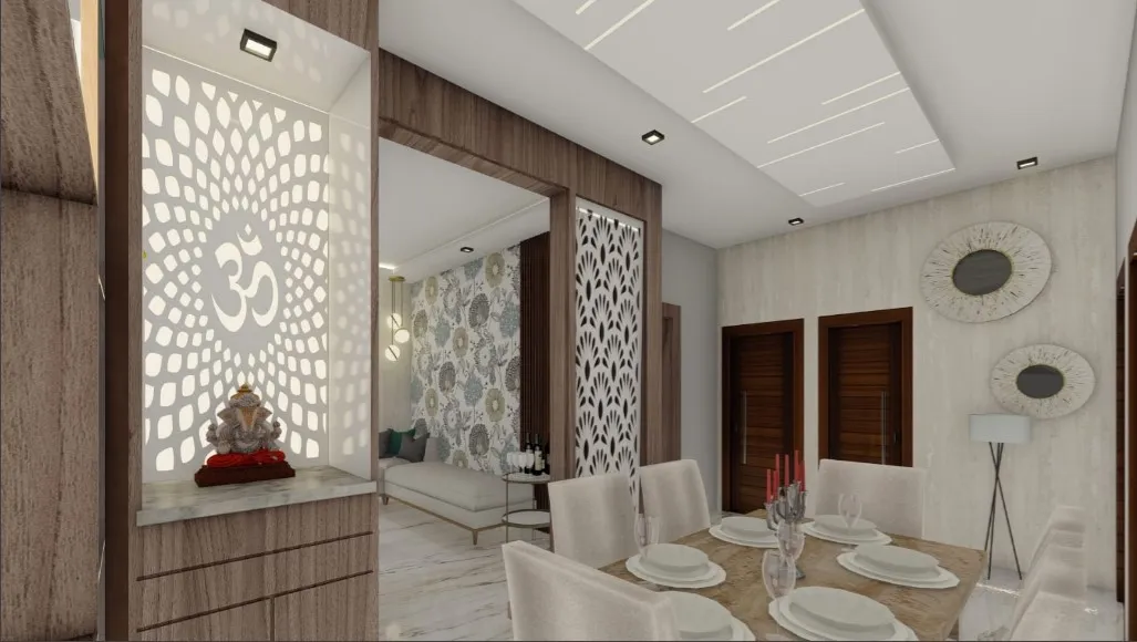 Render of an open-plan home showing a backlit Om jaali pooja niche with a Ganesh idol, a set dining table beneath a linear cove-lit ceiling