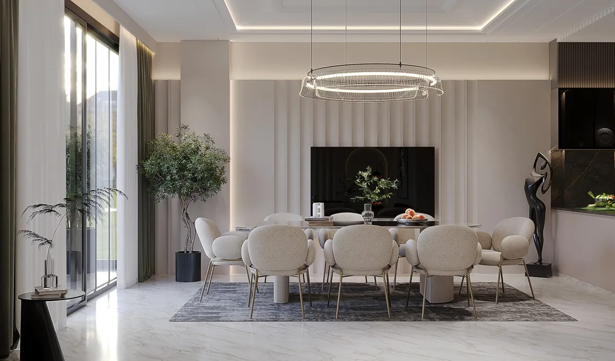 Render of a large dining room where eight bouclé chairs on brass legs surround an oval table on a grey rug, under a wide crystal ring chandelier
