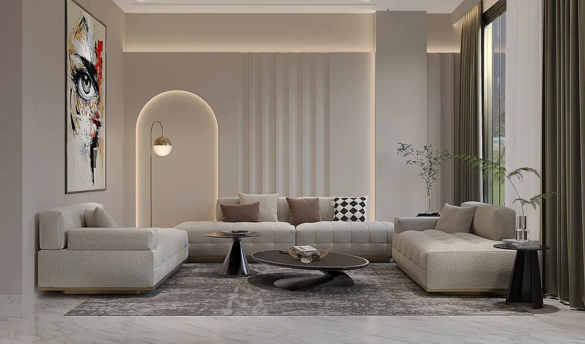 Render of a beige living room where three boucle biscuit-tufted sofas face a black oval coffee table on a faded grey rug
