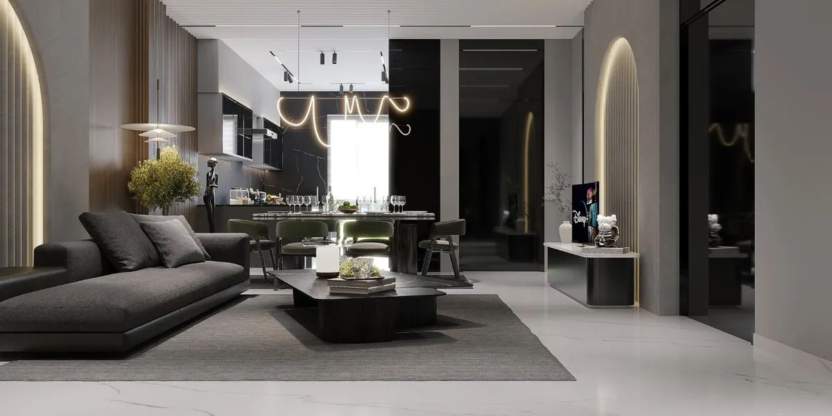 Render of an open-plan living-dining-kitchen space in a monochrome grey palette, with a dark L-shaped sofa and sculptural coffee table facing a squiggly neon