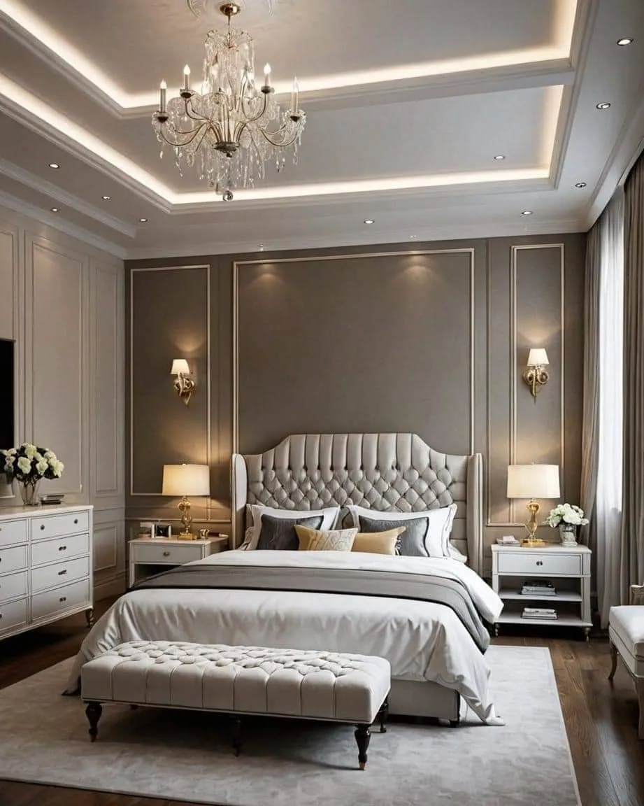 Render of a taupe classic-style bedroom with a tall buttoned wingback headboard, gold-lined moulding frames on the walls