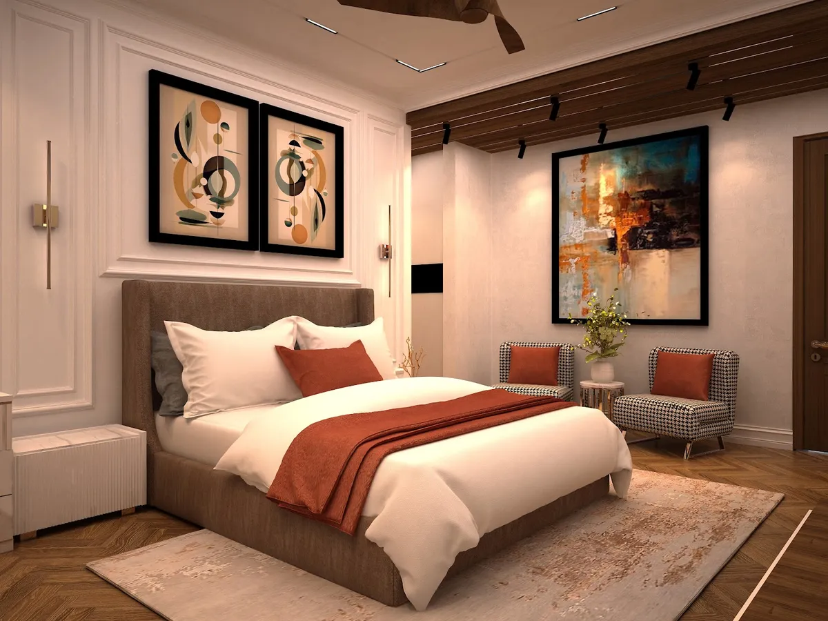 Render of a bedroom with white moulded panelling behind a brown upholstered bed, a terracotta throw and twin geometric prints