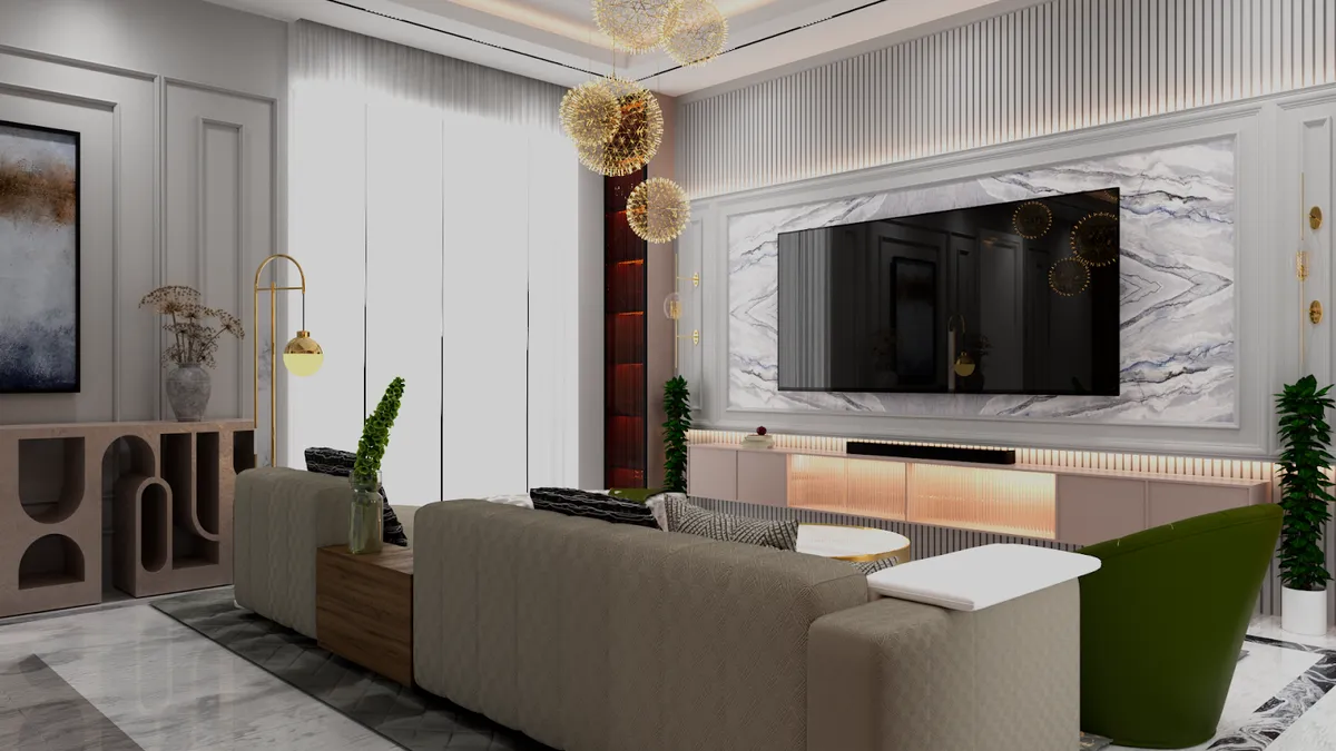 Render of a living room with a wide grey-veined marble TV panel framed in white moulding, a blush fluted console glowing from a lit recess beneath it