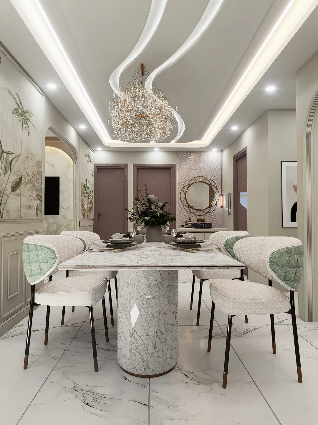 Render of a dining room under sculpted white POP ribbons and a crystal chandelier, with a marble pedestal table
