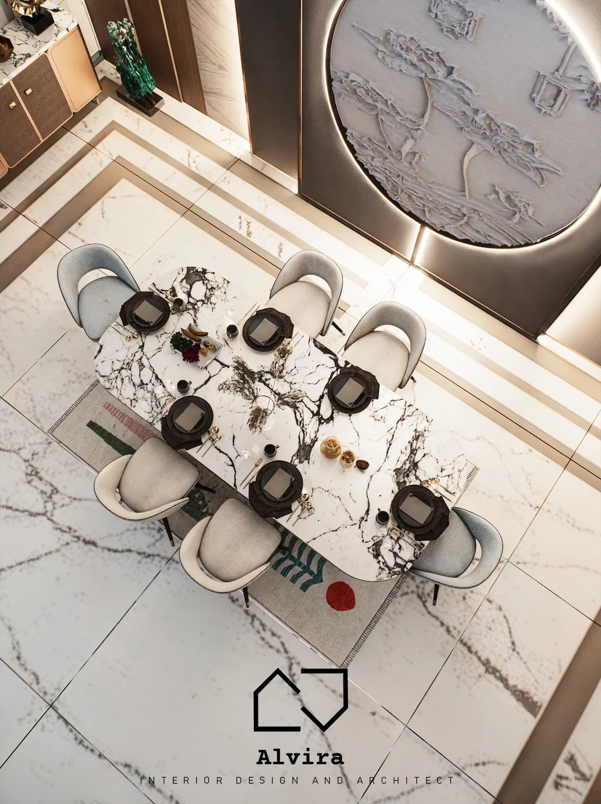 Overhead render of a dining zone — an eight-seat book-matched marble table laid for a meal on a striped rug, cream and pale-blue tub chairs