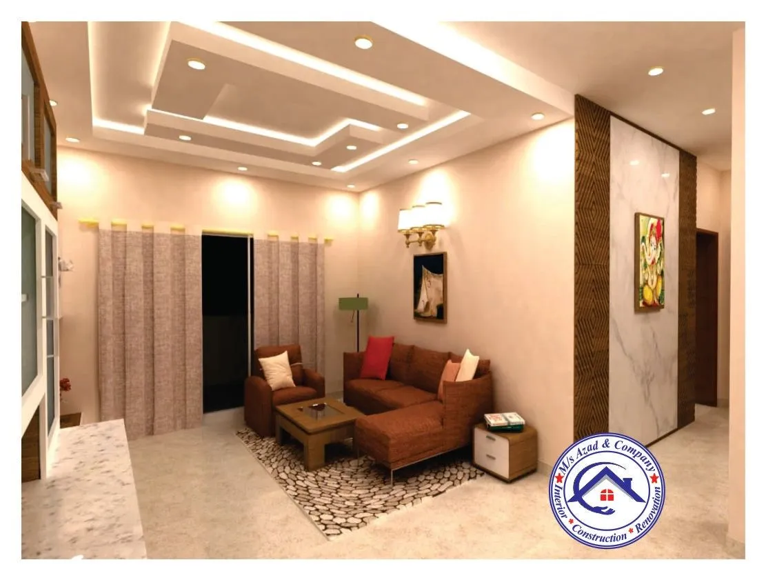 Render of a living room with a brown fabric L-sofa and armchair on a pebble-print rug, a layered POP ceiling with cove lighting