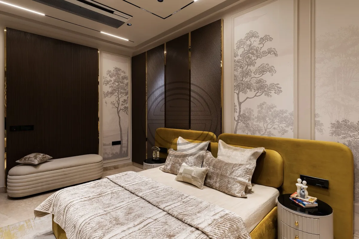 Render of a bedroom with a mustard-yellow velvet upholstered headboard, a fluted dark-wood wardrobe wall with gold trim