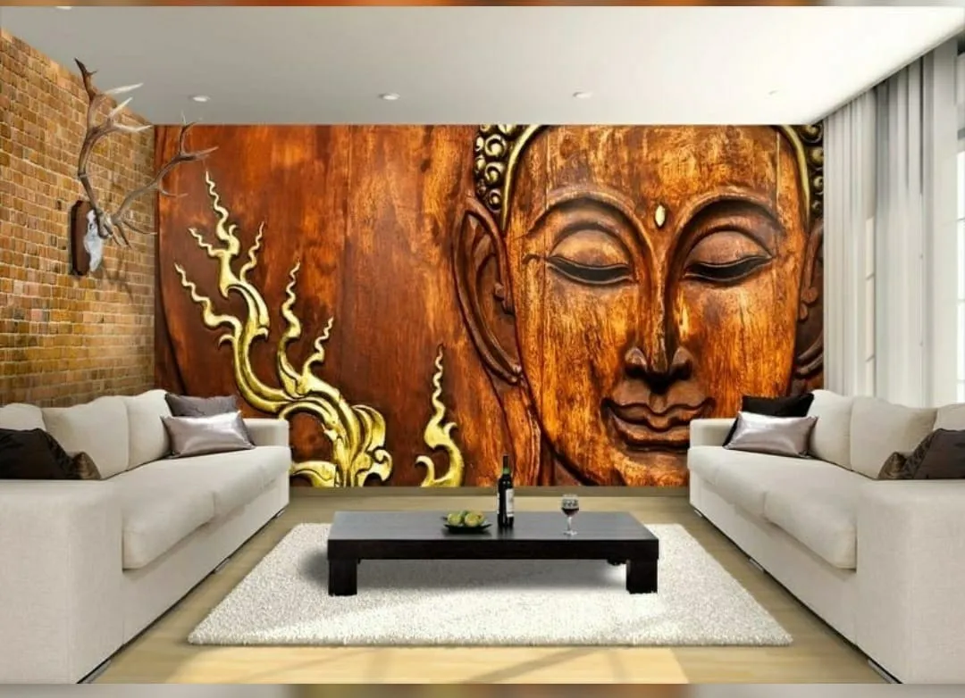 Render of a living room where a wall-sized carved-Buddha mural wallpaper meets an exposed brick return