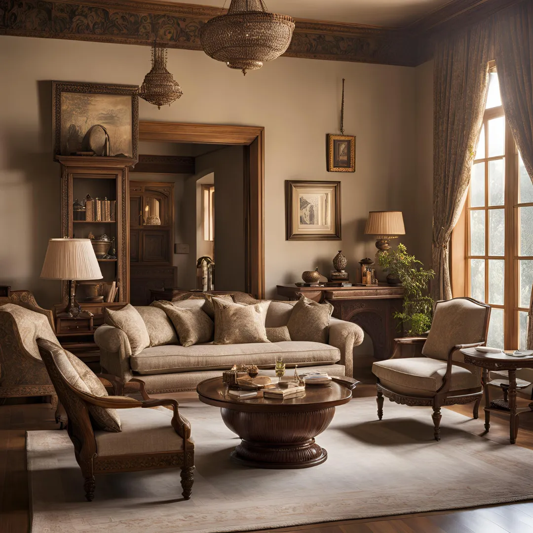 Render of a colonial-style living room in browns and beige: a deep linen sofa and carved teak planter chairs around a turned-pedestal round table