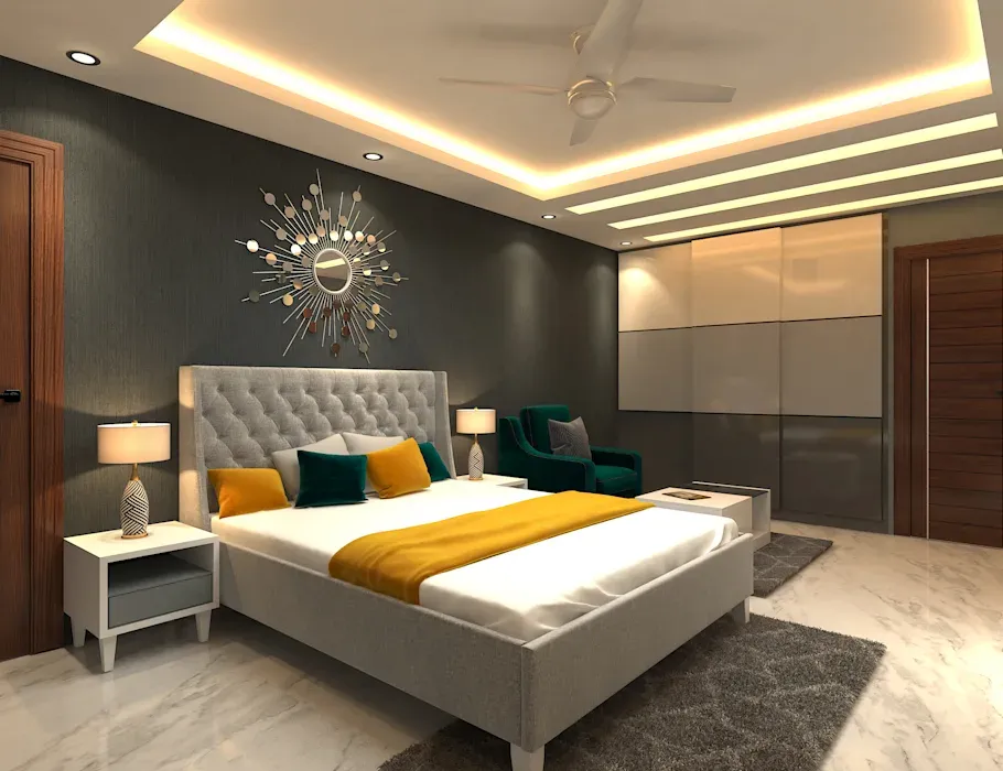 Render of a bedroom with a charcoal textured headboard wall, a spiked sunburst mirror above a grey buttoned headboard