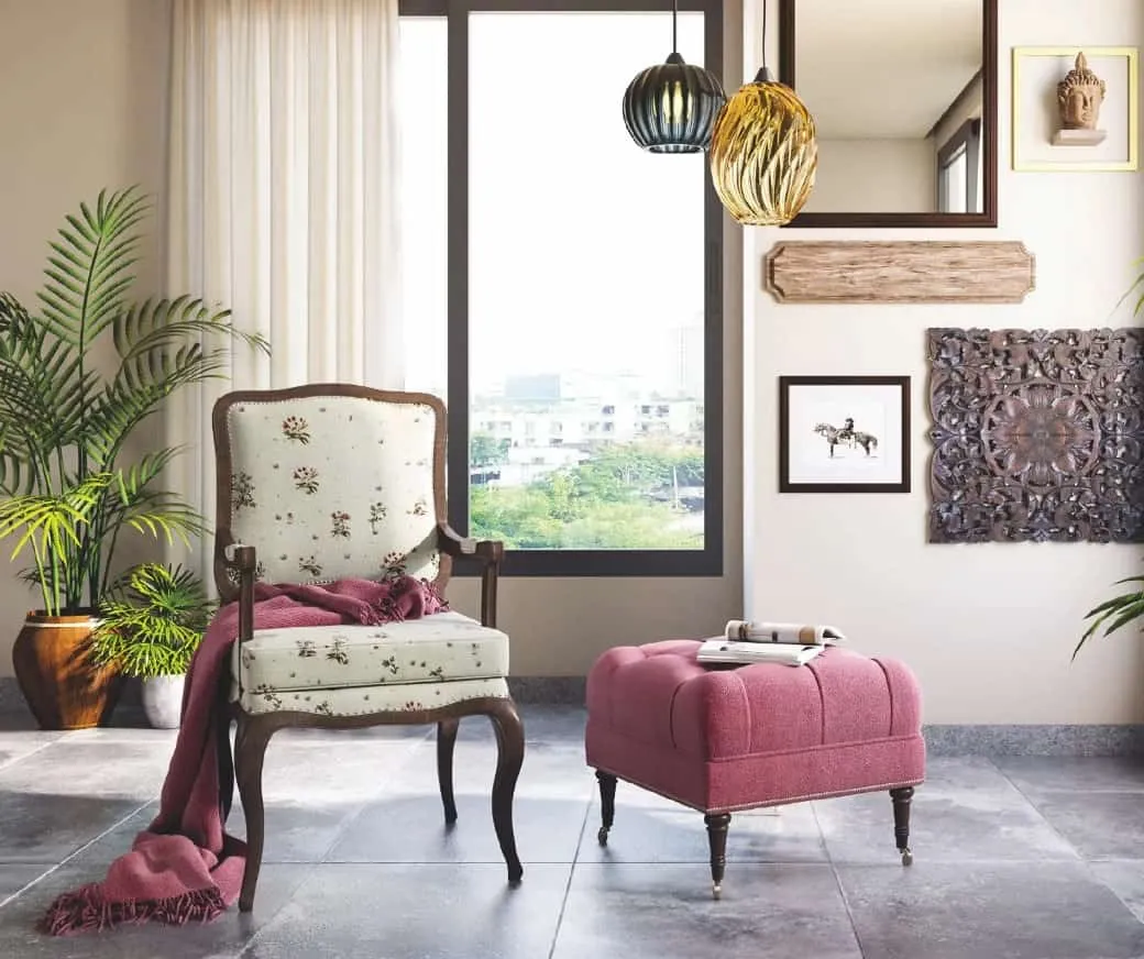Render of a living-room corner with a floral French armchair and a dusty-pink tufted ottoman on castors