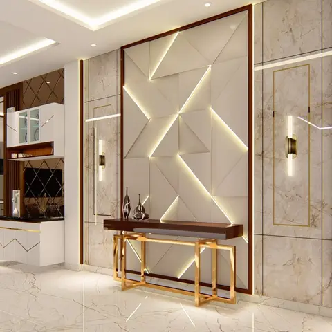 Entrance foyer with a backlit 3D geometric marble-and-panel feature wall, a brass-legged console table styled with ceramic