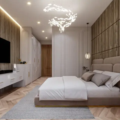 Luxury master bedroom with a sculptural cloud-form chandelier, wood-slat feature wall, built-in wardrobe and floating TV