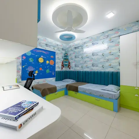 Twin-bed kids' room with sky-and-airplane wallpaper, a teal channel-tufted headboard wall, lime-green storage beds and a