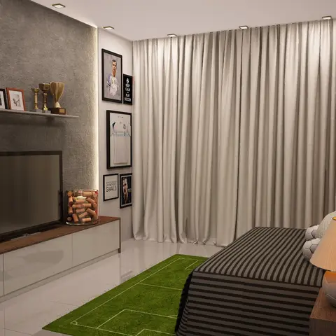 Football-themed kids' bedroom render with a grey textured TV wall, a framed sports memorabilia gallery, and a green