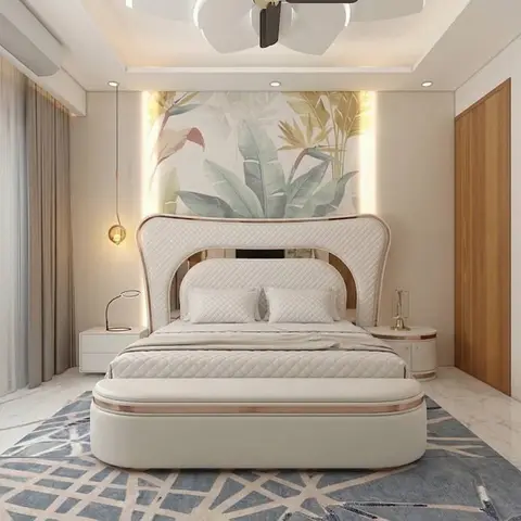 Master bedroom with a quilted white leather bed with rose-gold trim beneath a backlit botanical mural panel, on a blue