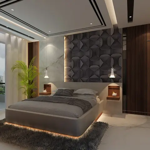 Contemporary master bedroom with a 3D geometric textured accent wall, a floating bed with under-bed LED lighting, and a