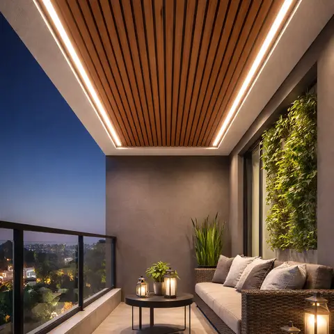 High-rise balcony lounge at dusk with a backlit wood-slat ceiling, a glass-railing city view, a rattan sofa with lanterns,