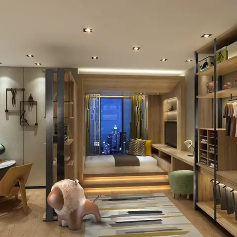 A children's bedroom with a raised platform bed, an open wood-shelved wardrobe styled with kids' clothing, a built-in study