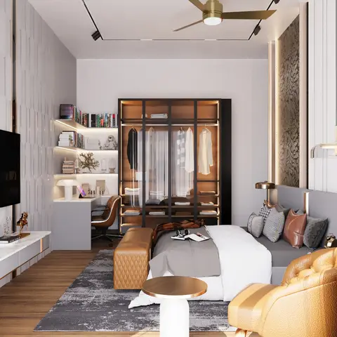Bedroom suite with a glass-front black-metal wardrobe, a built-in backlit bookshelf desk nook, and a gold leather tufted