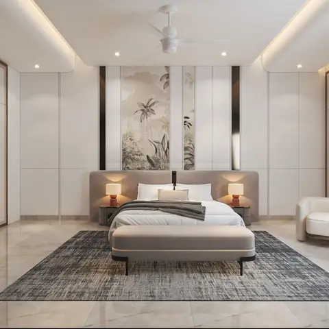 Primary bedroom render with a tropical botanical wallpaper panel behind the upholstered headboard, full-height wardrobes on