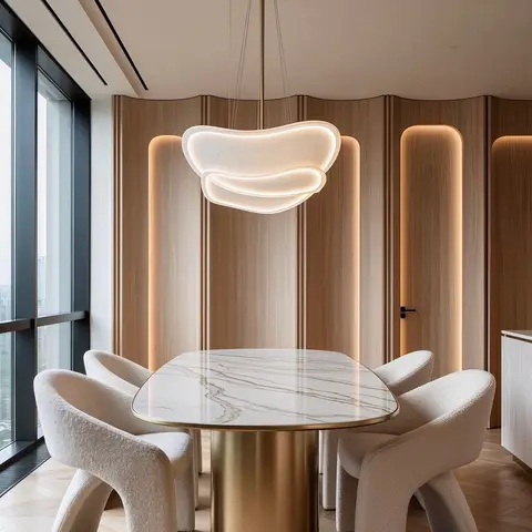 A dining nook with a sculptural cloud-shaped pendant light over a marble table on a brass pedestal, boucle chairs, and a