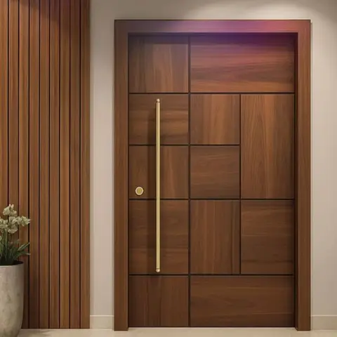 Designer main door with a geometric walnut panel grid and a full-height brass pull handle, set beside a fluted wood wall and