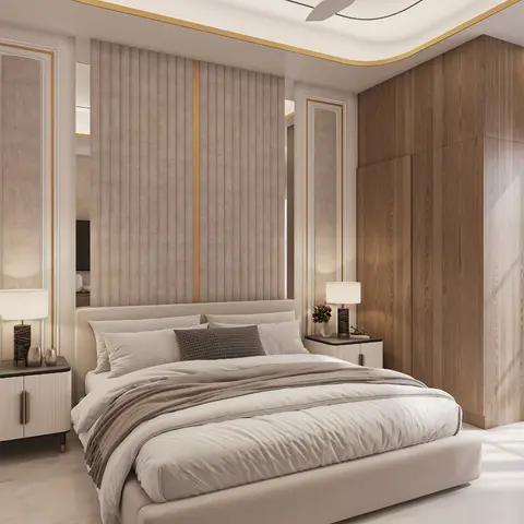 A fluted upholstered headboard wall with a gold inlay strip faces a full-height wood-veneer wardrobe, under a gold-trimmed