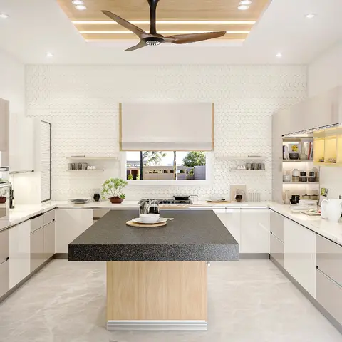 U-shaped kitchen with a black granite island on a light-wood base, hexagonal-tile backsplash, and a wood-trimmed cove