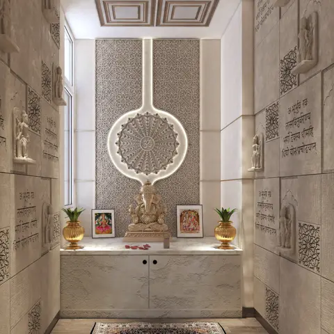 Dedicated pooja room with carved stone-textured walls bearing Sanskrit shlokas, a backlit circular Om medallion jaali panel