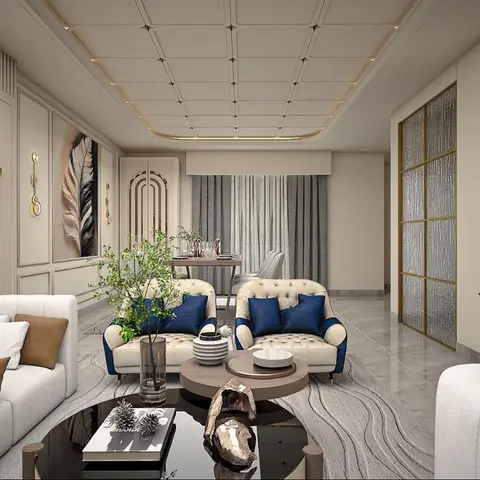 Living room with a beige tufted sofa and navy velvet accent armchairs around a round coffee table, a fluted-and-panelled