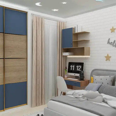 Kids' bedroom with a blue-and-oak sliding wardrobe, a built-in study nook below floating shelves, and a star-and-moon