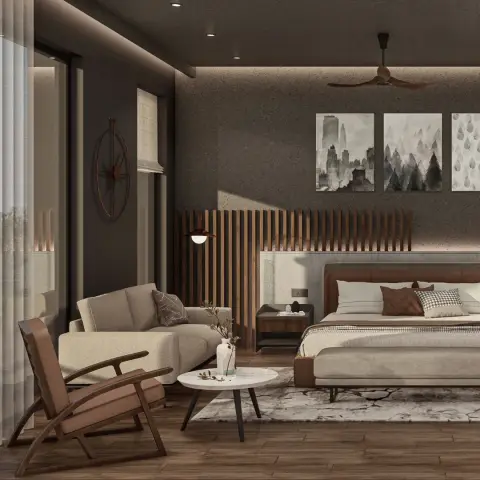 Dark textured-wall bedroom with a vertical wood-fluted headboard panel, leather-upholstered bed and an attached