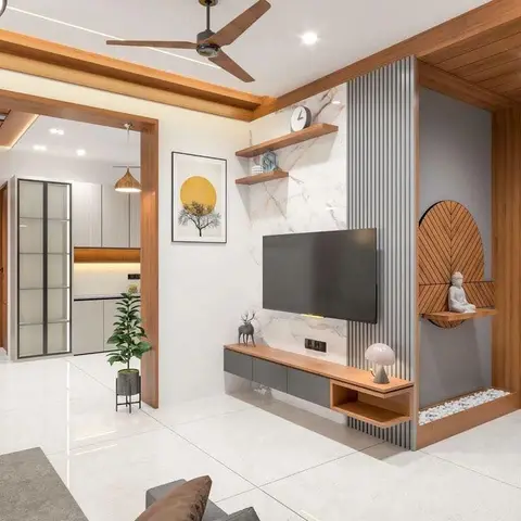 Living room TV wall with marble-look cladding and fluted grey panelling, a floating wood console, and an arched wooden jaali