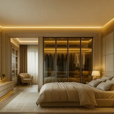 master bedroom with a glass-fronted walk-in wardrobe visible behind the bed, symmetric brass nightstand lamps, and gold cove