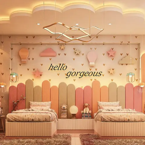 Twin-bed kids' bedroom with a scalloped pastel upholstered headboard wall and a cloud-shaped cove ceiling reading "hello