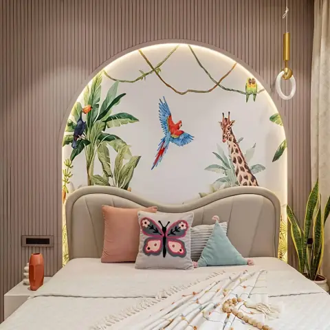 Kids' bedroom with an arched jungle-animal mural wallpaper backlit behind the upholstered headboard, fluted wall panelling,
