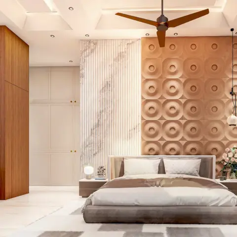 Master bedroom with a circular-textured terracotta accent wall behind the bed, full-height wood wardrobes, and an open