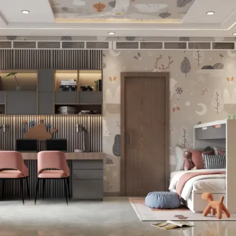 child's bedroom with a forest-animal wallpaper feature wall, a twin study desk with pink chairs, and a loft bed with