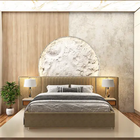 A raised platform bed with an olive velvet channel-tufted headboard and built-in nightstands, set against fluted wood wall