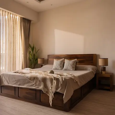 Sunlit bedroom with a solid wood storage bed, matching wood nightstands with drum-shade lamps, and sheer curtains opening