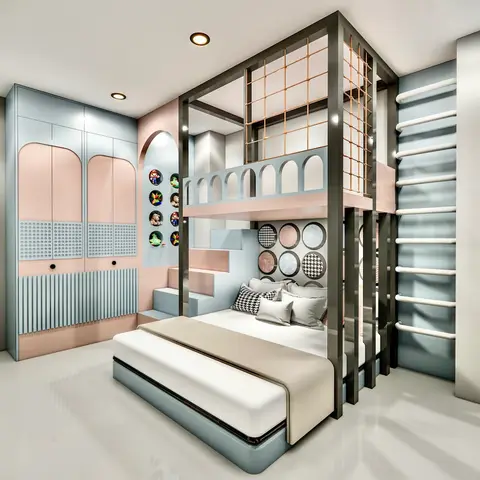 Playful kids' bedroom with a loft-style bunk bed framed in black metal, a rope climbing net, monkey-bar ladder to the side,