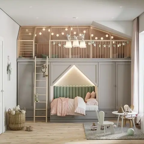 a whimsical kids bedroom with a house-shaped bed nook with green tufted headboard, string lights, and a ladder up to a loft